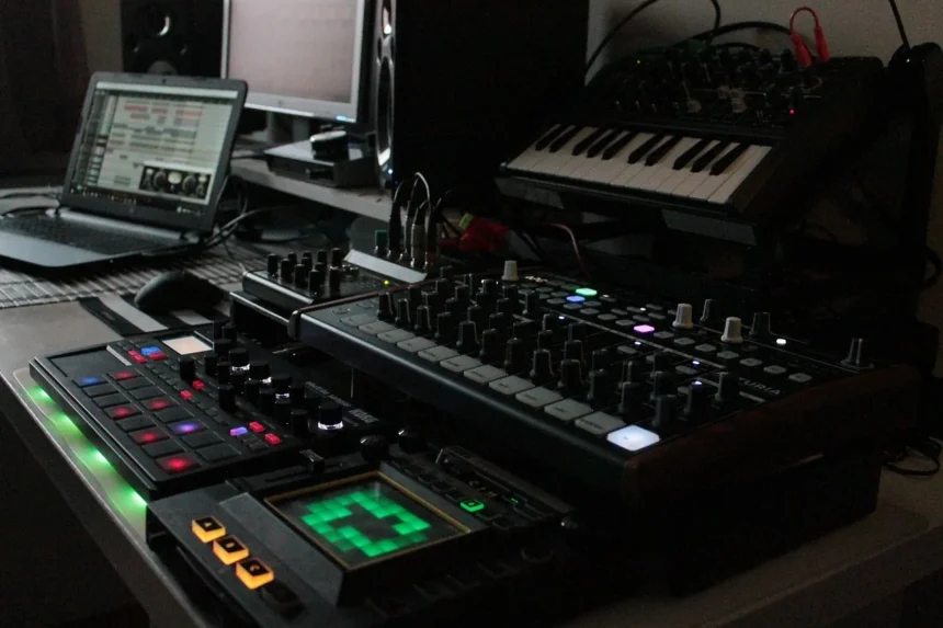 Sprzęt do produkcji muzyki elektronicznej w studiu nagrań – samplery i syntezatory.